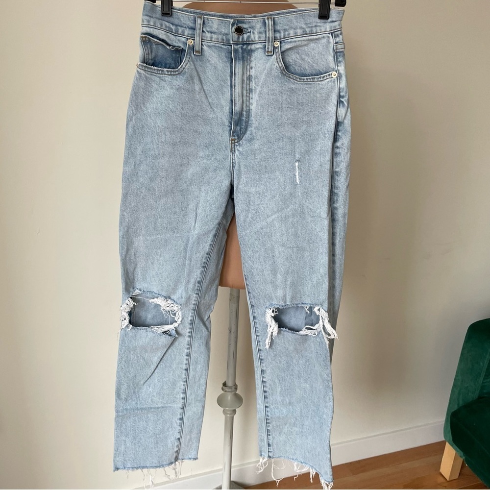 LE JEAN Mia Relaxed Straight Leg Distressed Blow Out Knee High Rise Jeans EUC 26